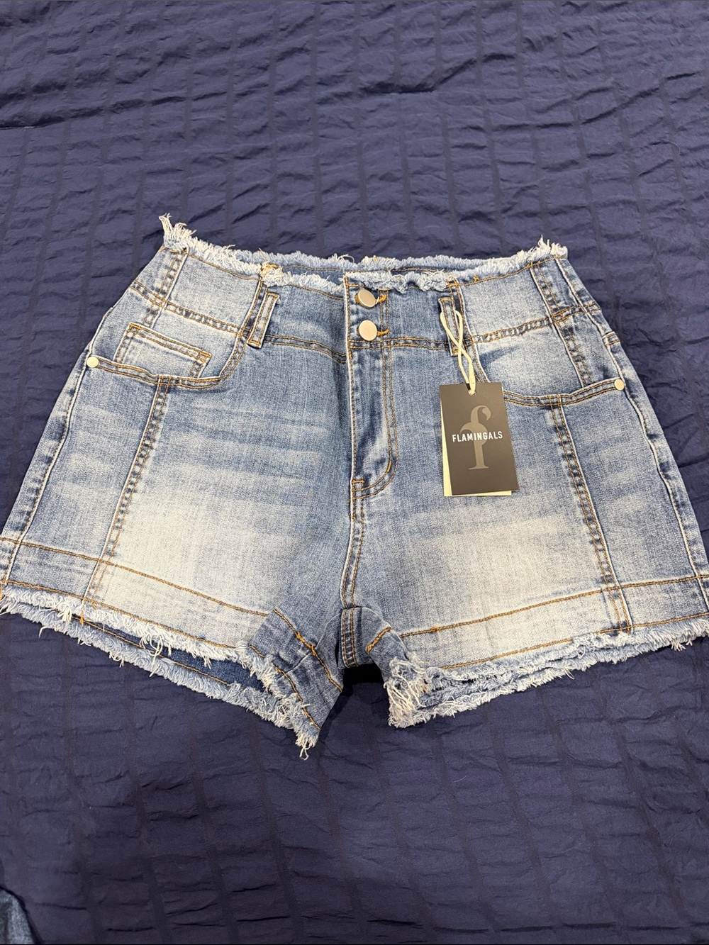 Flamingals Light Blue High-Rise Distressed Denim Shorts